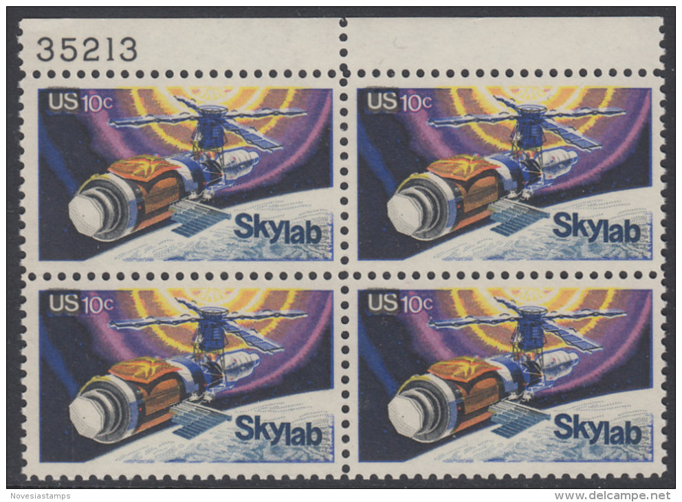 !a! USA Sc# 1529 MNH BLOCK W/ Top Margins & Plate-# 35213 - Skylab - Ungebraucht