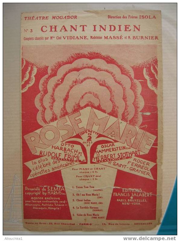 MUSIQUE & PARTITIONS// N° 3 CHANT INDIEN ROSE MARIE  VIDIANE / M.MASSE/ M. BURNIER EDITION SALABERT 1925 - Componisten Van Musicalkomedies