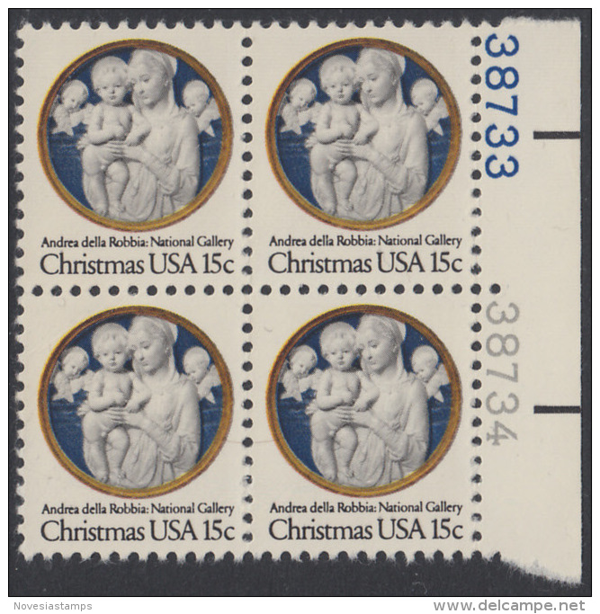 !a! USA Sc# 1768 MNH BLOCK W/ Right Margins & Plate-# (R/38733) - Madonna/Cherubim - Unused Stamps