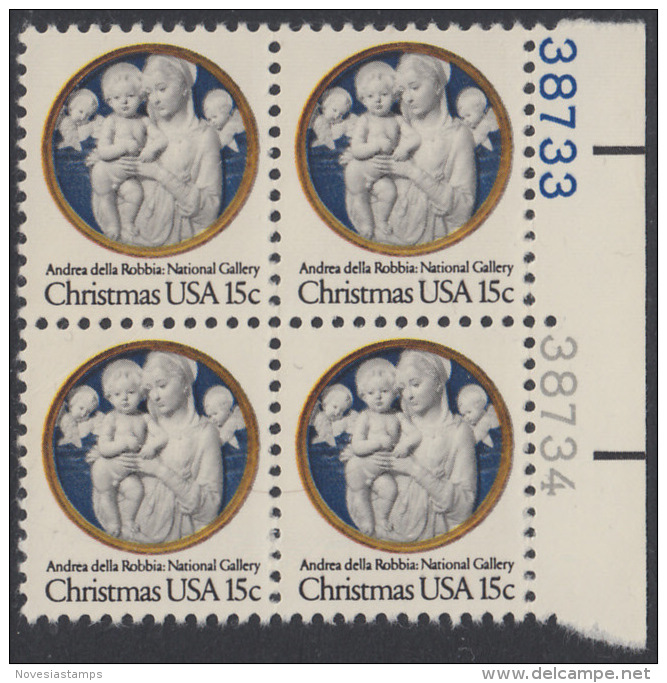 !a! USA Sc# 1768 MNH BLOCK W/ Right Margins & Plate-# (R/38733) - Madonna/Cherubim - Nuevos