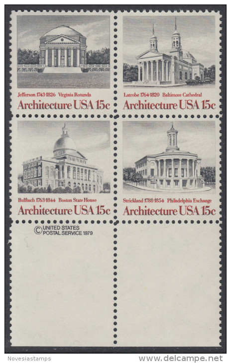 !a! USA Sc# 1779-1782 MNH BLOCK W/ Bottom Margins & Copyright Symbol - Architecture - Nuevos