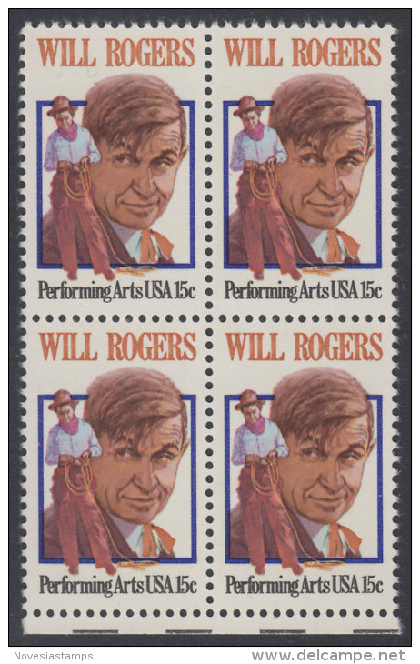 !a! USA Sc# 1801 MNH BLOCK W/ Bottom Margins - Will Rogers - Nuevos