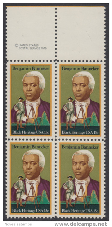 !a! USA Sc# 1804 MNH BLOCK W/ Top Margin & Copyright Symbol - Benjamin Banneker - Unused Stamps