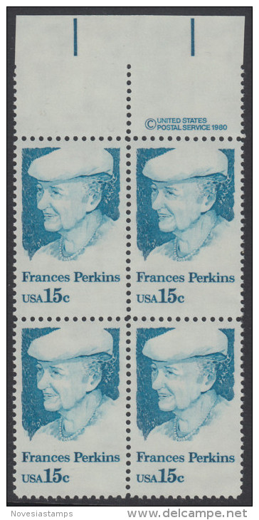 !a! USA Sc# 1821 MNH BLOCK W/ Top Margins & Copyright Symbol - Frances Perkins - Unused Stamps