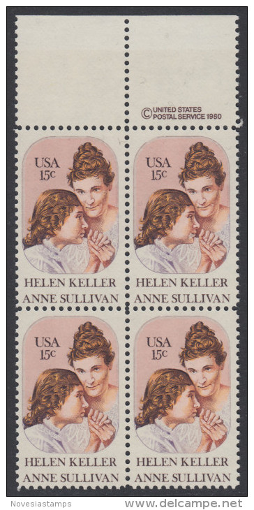 !a! USA Sc# 1824 MNH BLOCK W/ Top Margins & Copyright Symbol (a2) - Helen Keller - Unused Stamps