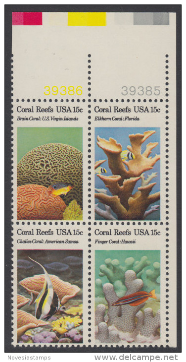 !a! USA Sc# 1827-1830 MNH BLOCK From Upper Right Corner W/plate-# (UR/39385/a) - Coral Reefs - Nuevos