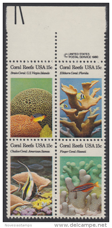 !a! USA Sc# 1827-1830 MNH BLOCK W/ Top Margins & Copyright Symbol (a2) - Coral Reefs - Unused Stamps