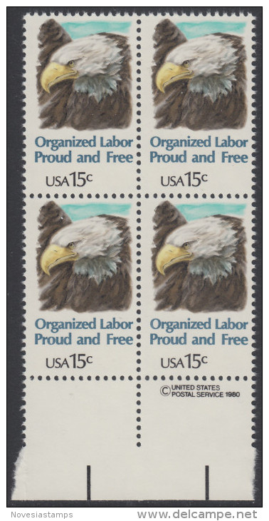 !a! USA Sc# 1831 MNH BLOCK W/ Bottom Margins & Copyright Symbol (a2) - Organized Labor - Ungebraucht