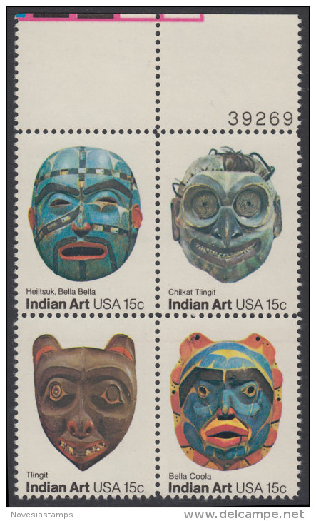 !a! USA Sc# 1834-1837 MNH BLOCK W/ Top Margins & Plate-# (UR/39269) - Indian Masks - Nuevos