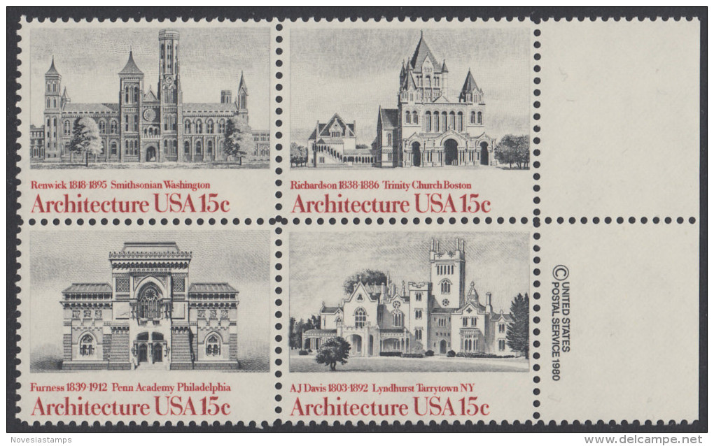 !a! USA Sc# 1838-1841 MNH BLOCK W/ Right Margins & Copyright Symbol - American Architecture - Unused Stamps