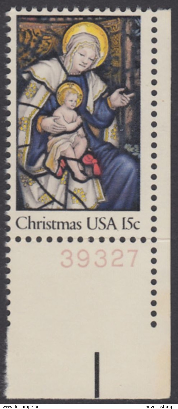 !a! USA Sc# 1842 MNH SINGLE From Lower Right Corner W/ Plate-# 39327 - Madonna & Child - Unused Stamps