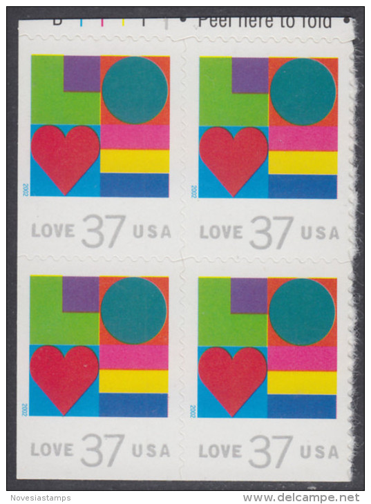 !a! USA Sc# 3657 MNH BLOCK W/ Top Margin (a01) - Love - Nuevos