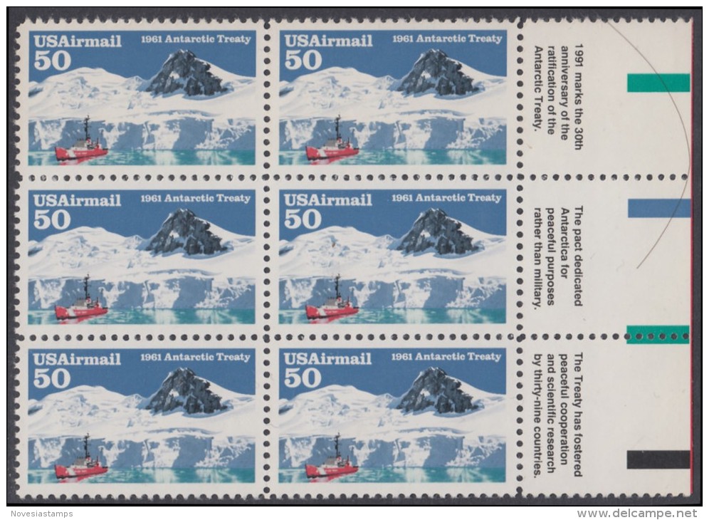 !a! USA Sc# C130 MNH BLOCK(6) W/ Right Margins & Inscriptions - Antarctic Treaty - 3b. 1961-... Nuovi