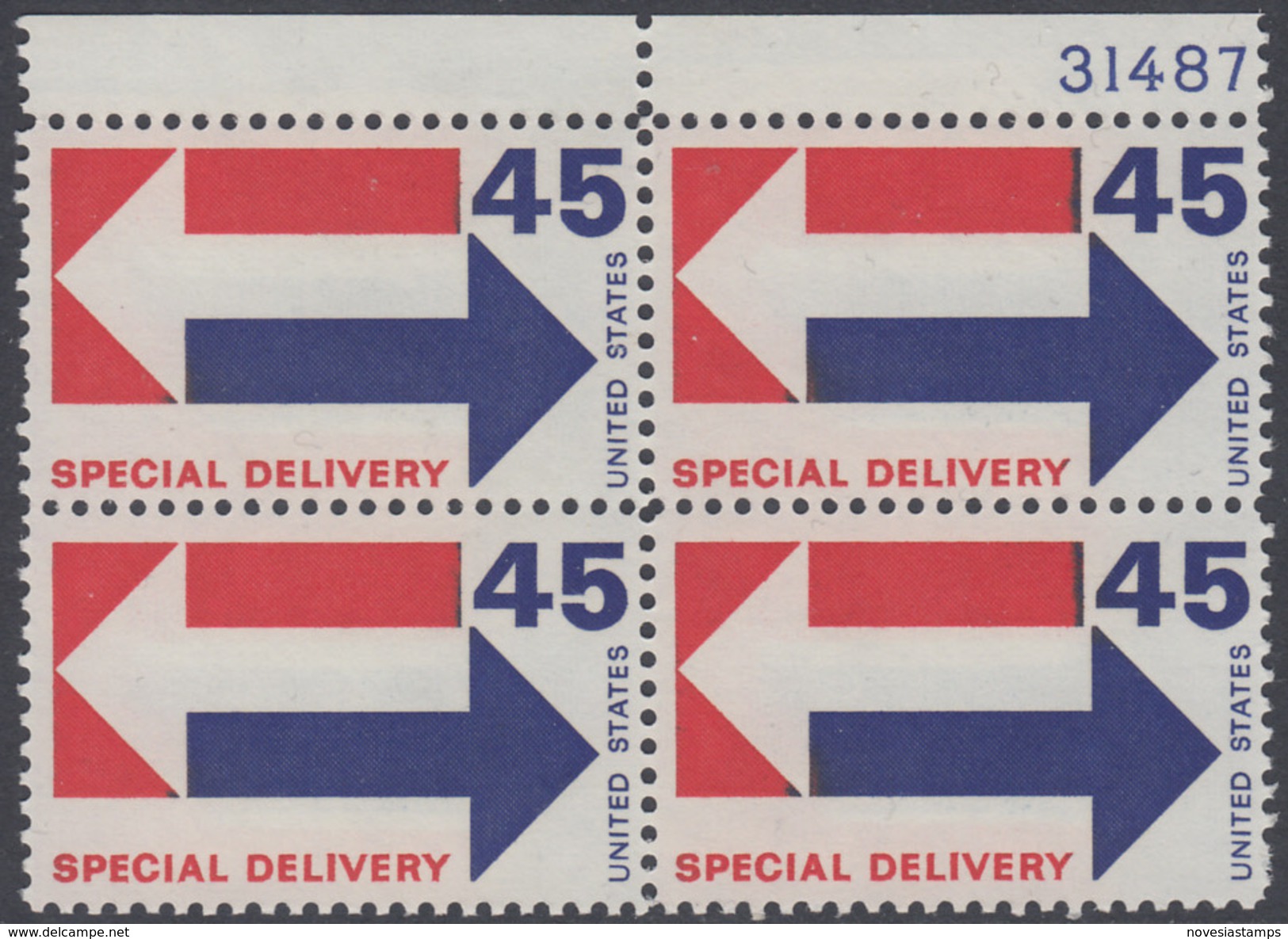 !a! USA Sc# E22 MNH BLOCK W/ Top Margins & Plate-# (UR/31487) - Arrows - Servizio