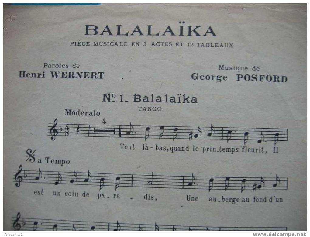 MUSIQUE & PARTITIONS // DE REDA CAIRE     " BALALAIKA " THEATRE MOGADOR PIECE MUSICALE   1936 - Musicals