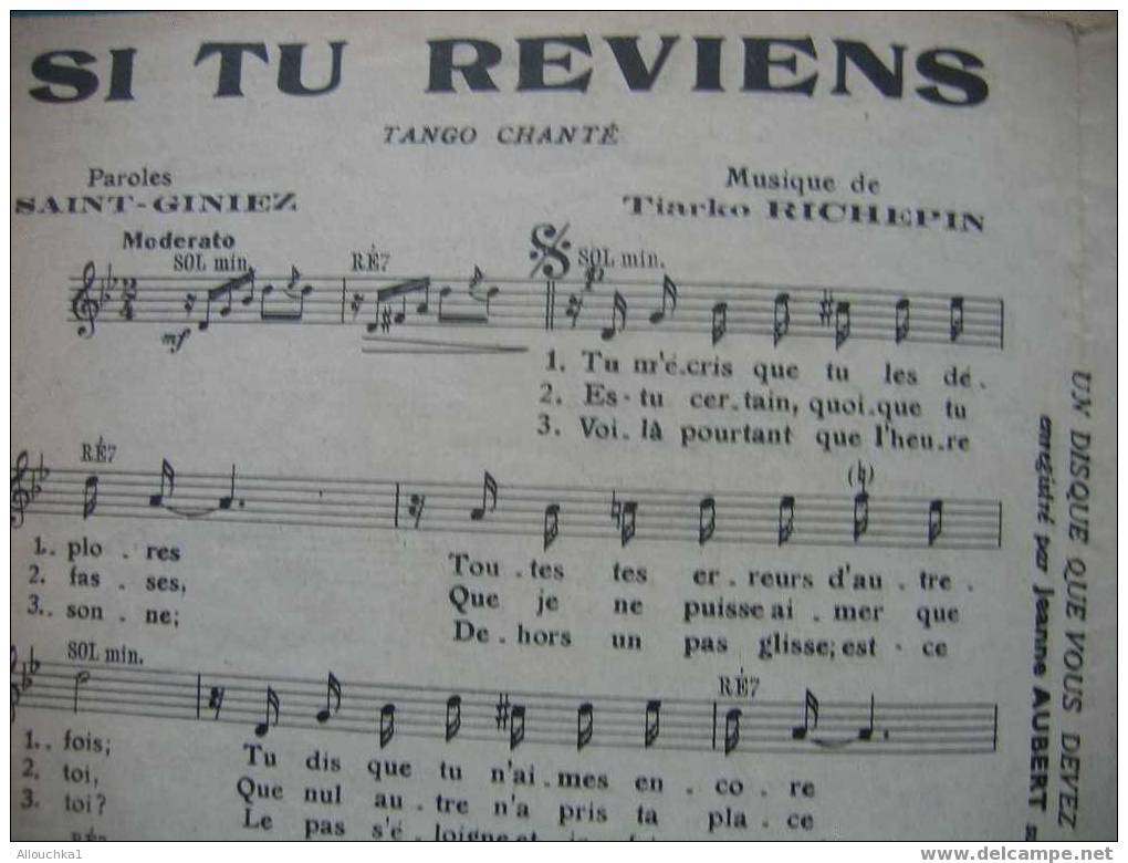 MUSIQUE & PARTITIONS // DE REDA CAIRE     " SI TU REVIENS  "  EDITIONS PAUL BEUSCHER  1934 - Film Music