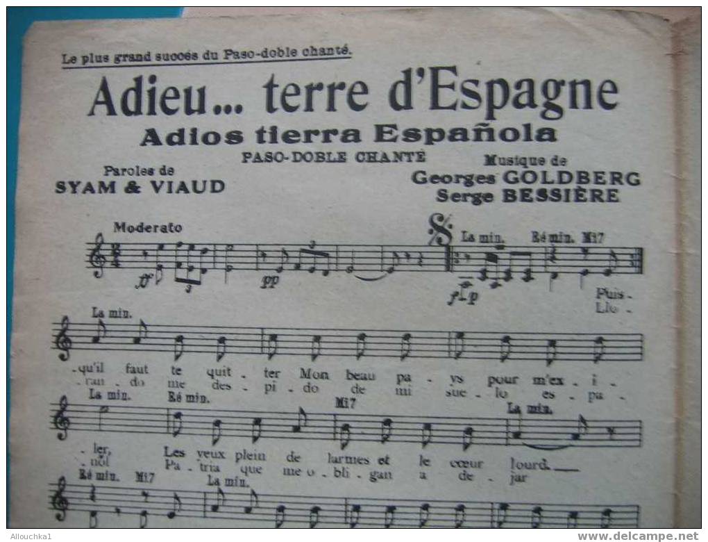 MUSIQUE & PARTITIONS // DE REDA CAIRE     " ADIEU TERRE D'ESPAGNE    "EDITIONS PAUL BEUSCHER  1934 PASO DOBLE CHANTE - Song Books