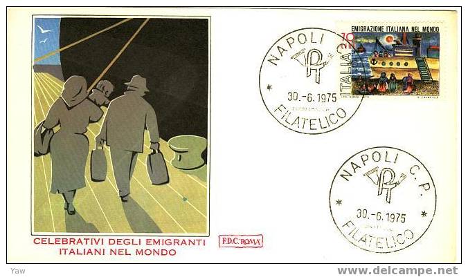 ITALIA FDC "ROMA"  1975  EMIGRANTI ITALIANI NEL MONDO. IMBARCO SU UNA NAVE - FDC