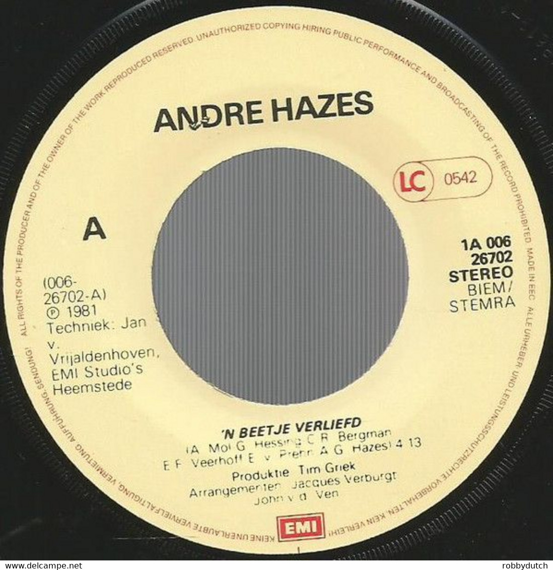 * 7" * ANDRÉ HAZES - 'N BEETJE VERLIEFD (1981 Ex-!!!) - Otros - Canción Neerlandesa