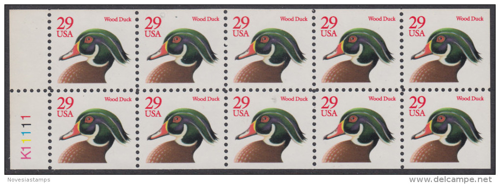 !a! USA Sc# 2485a MNH BOOKLET-PANE(10) W/ Left Margin & Plate-# - Wood Duck (red) - 1981-...