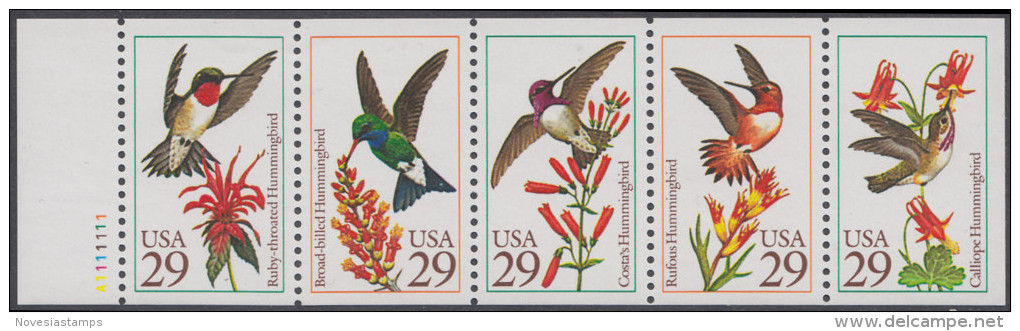 !a! USA Sc# 2646a MNH BOOKLET-PANE(5) W/left Margin & Plate-# - Hummingbirds - 3. 1981-...