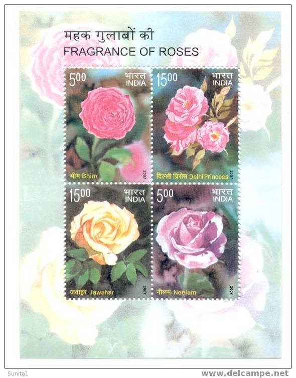 Roses, Rose, Rosa, Scented Stamps, Flowers, Miniature Sheet,  INDIA - Roses