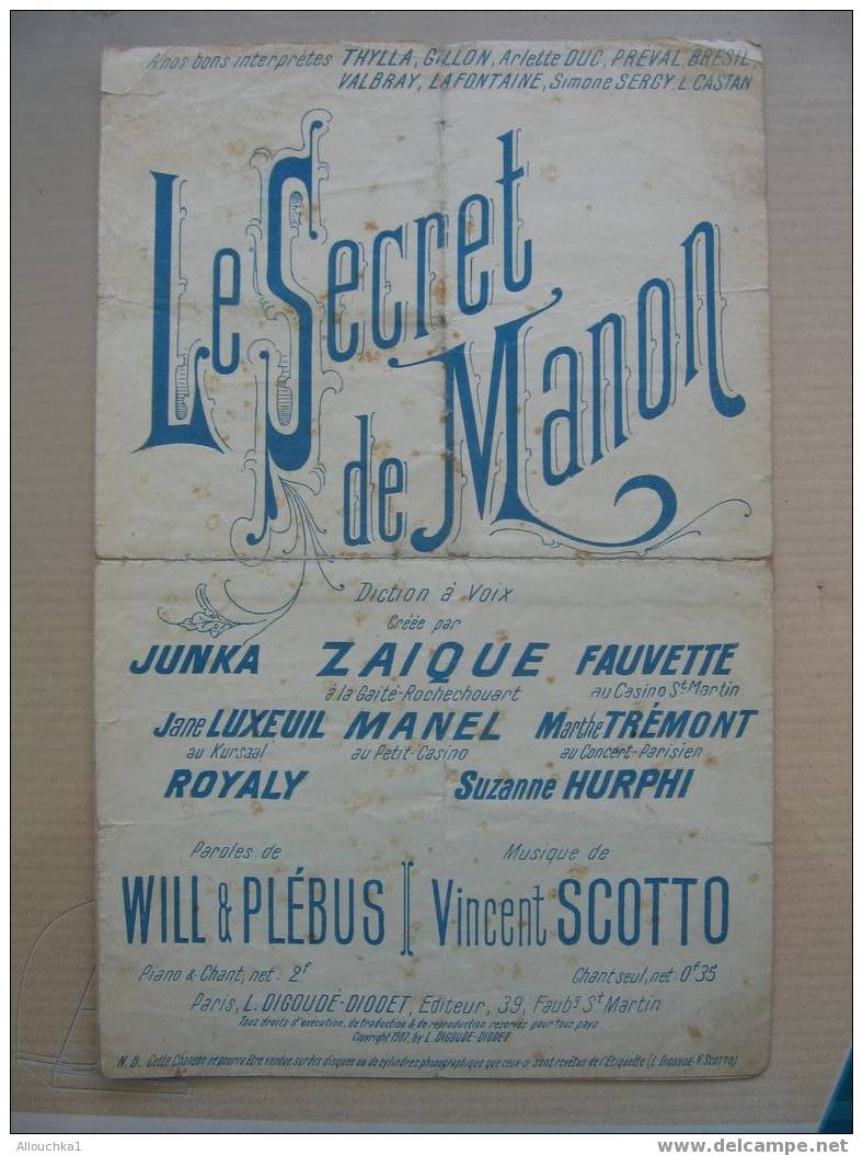 MUSIQUE & PARTITION :/  DE JUNKA ZAIQUE       /  "LE SECRET DE MANON   "   1939 - Song Books