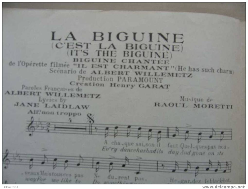MUSIQUE & PARTITION :/  DE HENRI GARAT    /  "  LA BIGUINE  IL EST CHARMANT  OPERETTE   "   1932 - Song Books