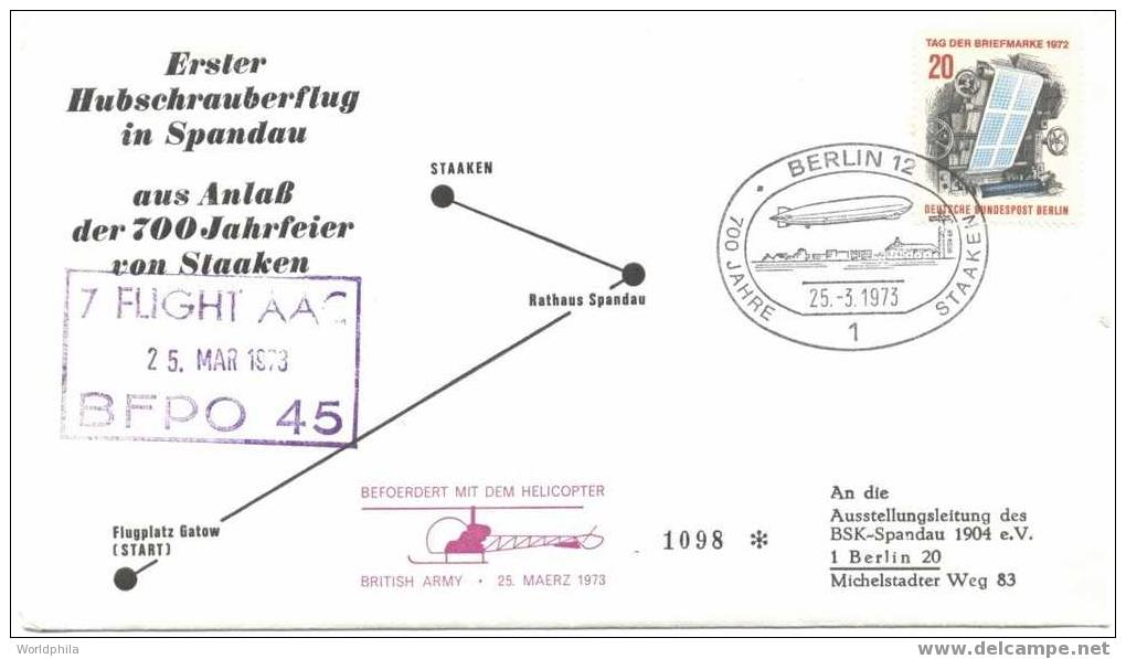 Helicopter Flight Germany Stakken-Berlin (Zeppelin PM)  Cacheted Cover 1973 - Hélicoptères