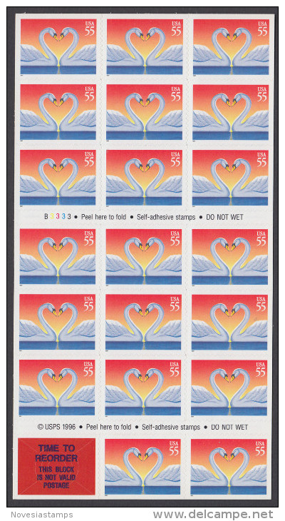 !a! USA Sc# 3124a MNH BOOKLET(20) - Love: Swans - 3. 1981-...