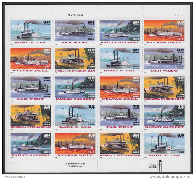 !a! USA Sc# 3091-3095 MNH SHEET(20) (a06) - Riverboats - Hojas Completas