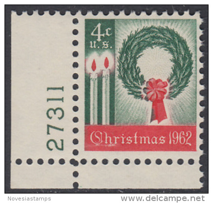 !a! USA Sc# 1205 MNH SINGLE From Lower Left Corner W/ Plate-# 27311 - Christmas - Unused Stamps