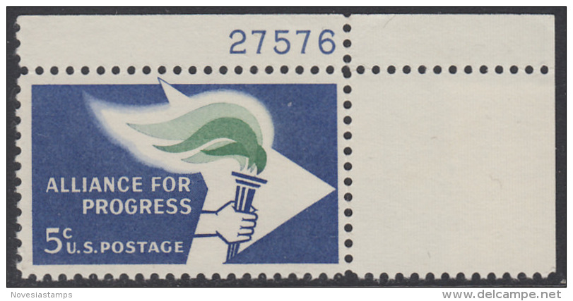 !a! USA Sc# 1234 MNH SINGLE From Upper Right Corner W/ Plate-# 27576 - Alliance For Progress - Unused Stamps