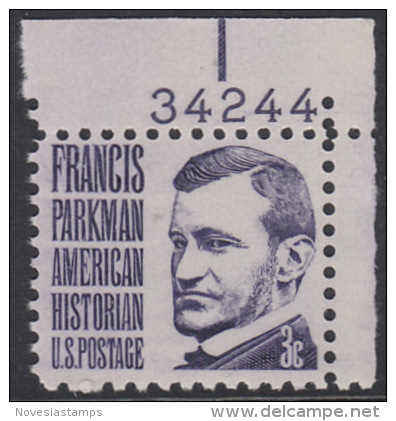 !a! USA Sc# 1281 MNH SINGLE From Upper Right Corner W/plate-# 34244 - Francis Parkman - Nuovi