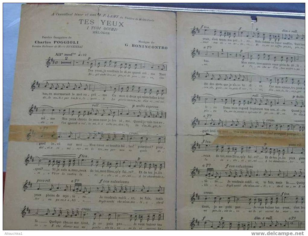 MUSIQUE /PARTITION / TES YEUX  I TOI OCCHI MELODIE DE PIERRE LAMY 1916 - Song Books