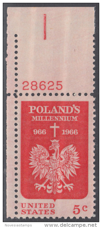 !a! USA Sc# 1313 MNH SINGLE From Upper Left Corner W/ Plate-# 28625 - Polish Millenium - Ungebraucht