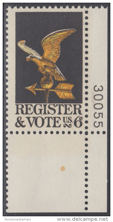 !a! USA Sc# 1344 MNH SINGLE From Lower Right Corner W/plate-# 30055 - Register And Vote - Nuovi
