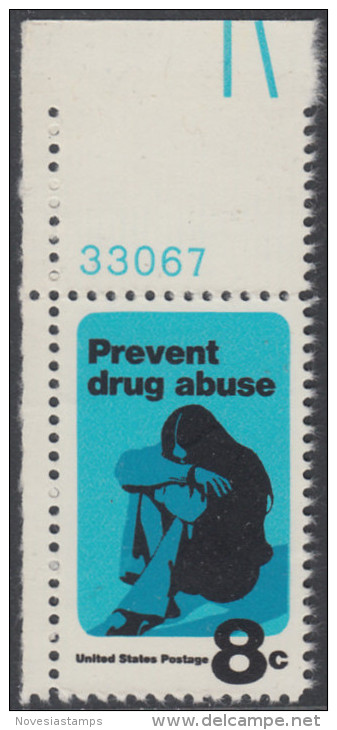 !a! USA Sc# 1438 MNH SINGLE From Upper Left Corner W/ Plate-# 33067 - Prevent Drug Abuse - Ungebraucht