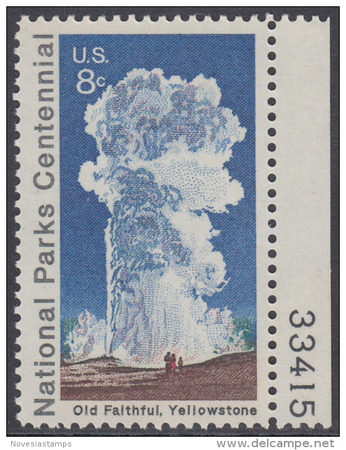 !a! USA Sc# 1453 MNH SINGLE W/ Right Margin & Plate-# 33415 - National Parks Cent.: Old Faithful - Nuovi