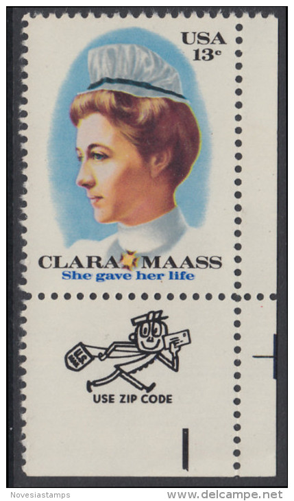 !a! USA Sc# 1699 MNH SINGLE From Lower Right Corner W/ ZIP - Clara Maass - Neufs