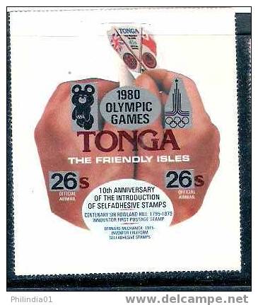 Tonga 1980 Die Cut, Odd Shaped, Provisional, 26s Official Air Mail Olympic Games, Hand, Stamp On Stamp MNH* * # 1473 - Tonga (1970-...)