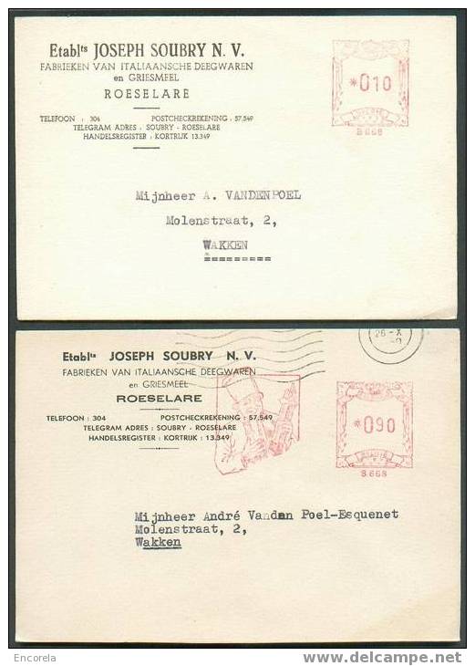 Lot De 5 Cartes Affr. Mécaniques Divers Dont Pub. Société Joseph SOUBRY à ROESELAERE Vers Wakken (1946-1950) - 2288 - Sonstige & Ohne Zuordnung