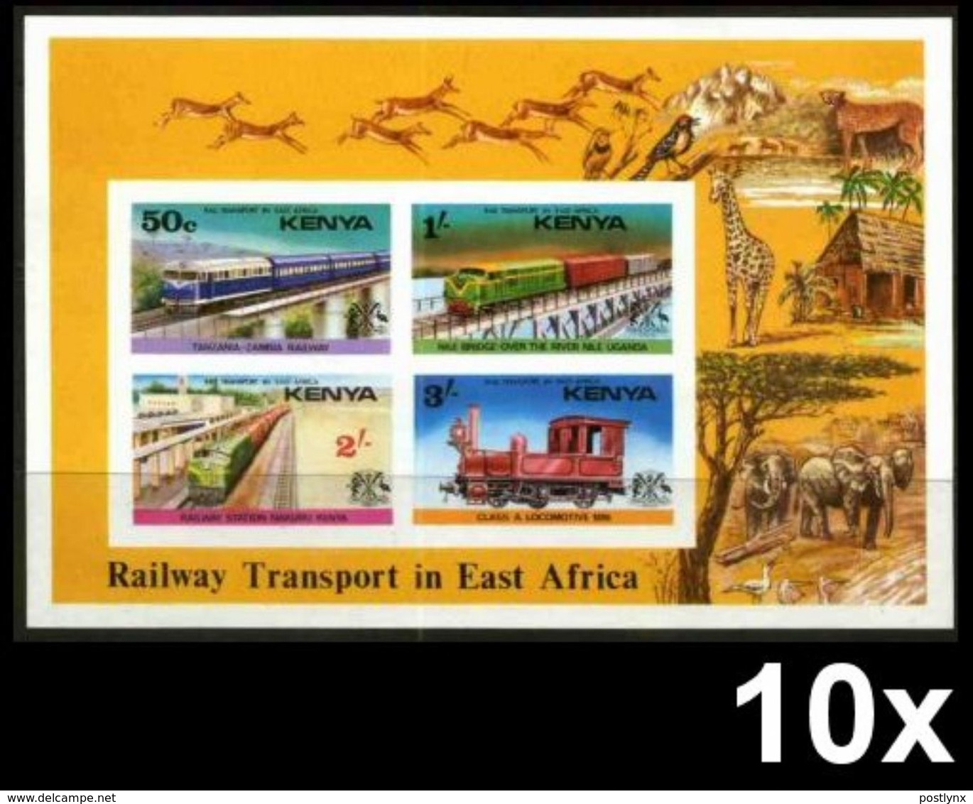 BULK: 10 X  KENYA 1976, Railways Trains. Imperforated Souvenier Sheet   /non Dentelé,ungezähnt,no Dentado,ongetande - Kenia (1963-...)