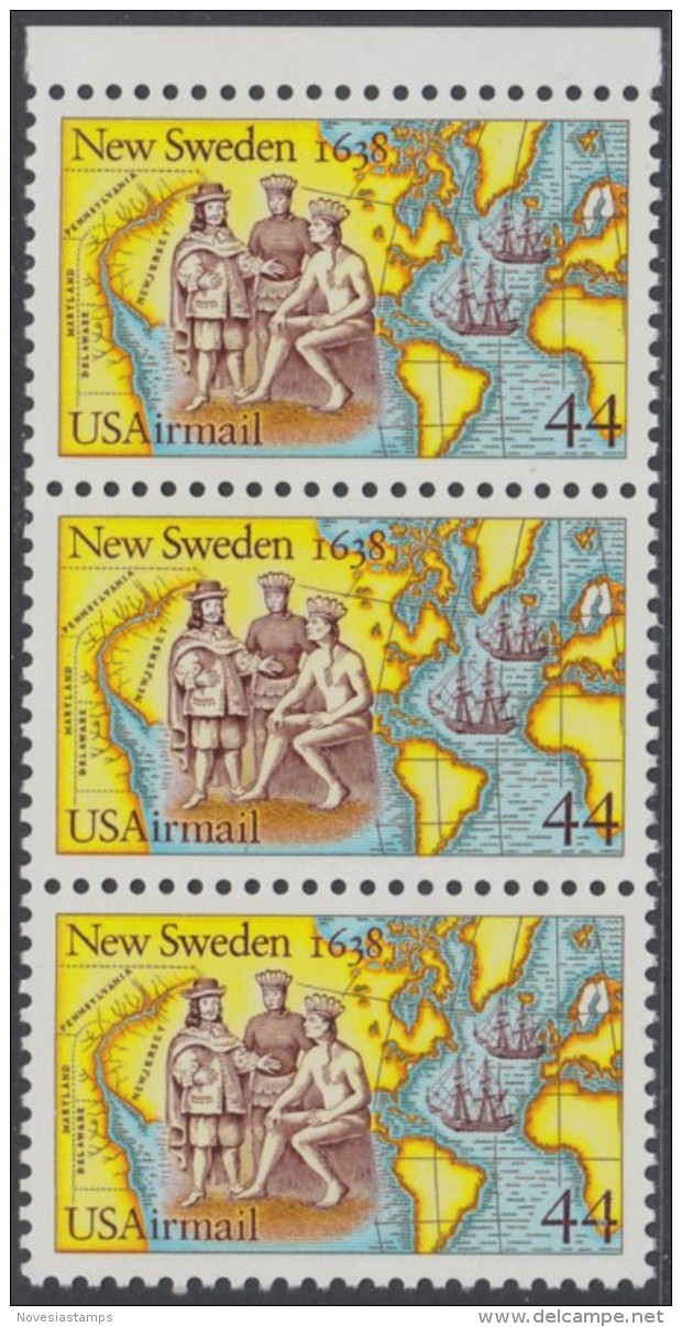 !a! USA Sc# C117 MNH Vert.STRIP(3) W/ Top Margin - Settling Of New Sweden - 3b. 1961-... Nuovi