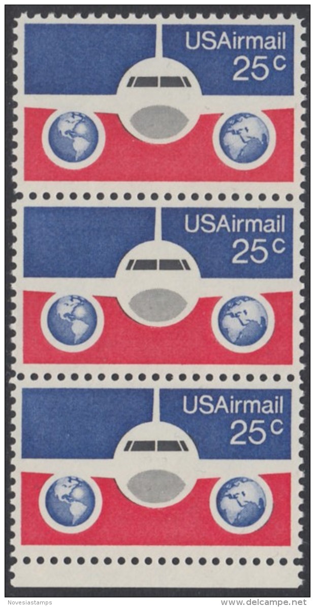 !a! USA Sc# C089 MNH Vert.STRIP(3) W/ Bottom Margin - Planes & Globes - 3b. 1961-... Ungebraucht