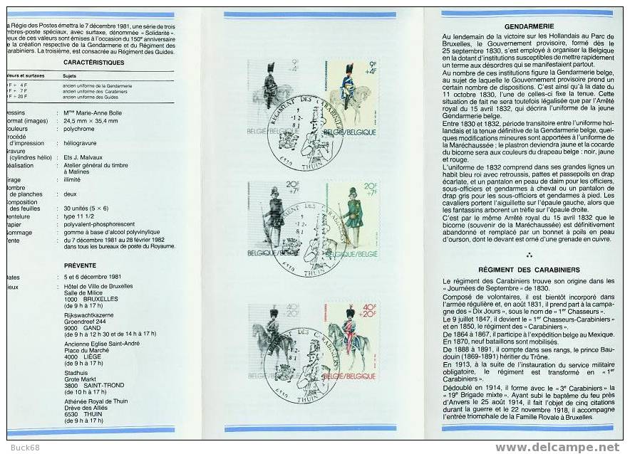BELGIQUE Encart 2030 à 2032 FDC Premier Jour : Surtaxe Solidarité Gendarmerie Carabiniers Uniformes - Dépliants De La Poste