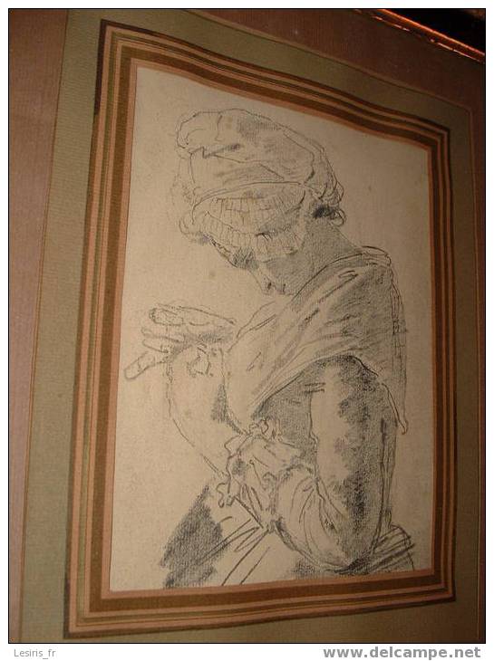 CHARDIN - DESSIN CRAYON ET FUSAIN - BUSTE DE FEMME EN COSTUME REGIONAL DANS SON ENCADREMENT BOIS NOIR NAPOLEON III - Zeichnungen