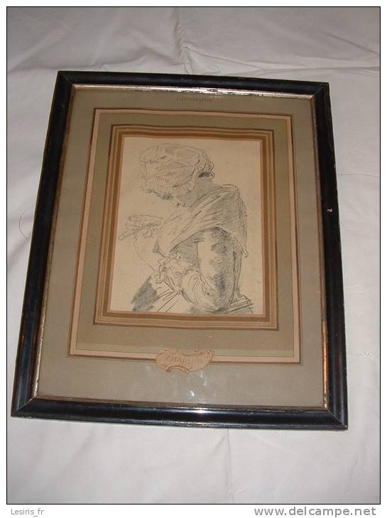 CHARDIN - DESSIN CRAYON ET FUSAIN - BUSTE DE FEMME EN COSTUME REGIONAL DANS SON ENCADREMENT BOIS NOIR NAPOLEON III - Dessins