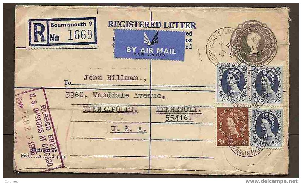 UK - VF REGISTERED UPRATED ELIZABETH II ENTIRE COVER - BOURNEMOUTH, HANTS To MINNEAPOLIS-Very Nice & Expensive Franquing - Entiers Postaux