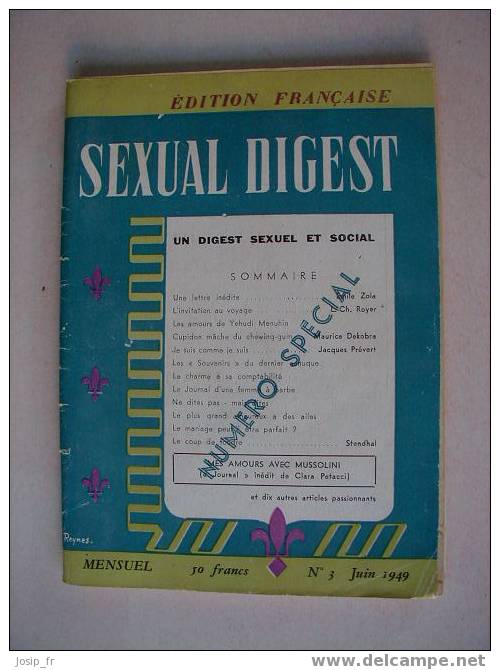 EROTISME SOFT: Sexual Digest N°3 (juin 1949) MUSSOLINI - Altri & Non Classificati